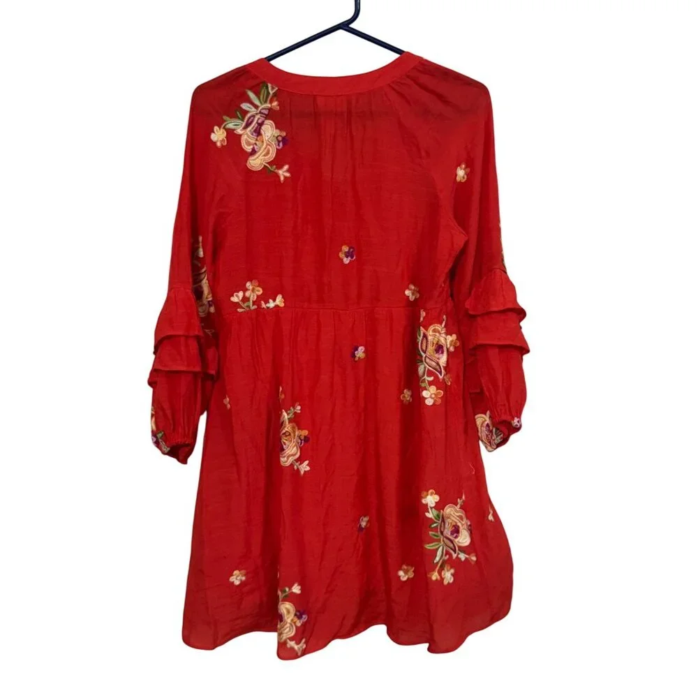 Fig‎ and Flower Red Embroidered Boho Ruffle Sleeve Babydoll Mini Dress Small x1